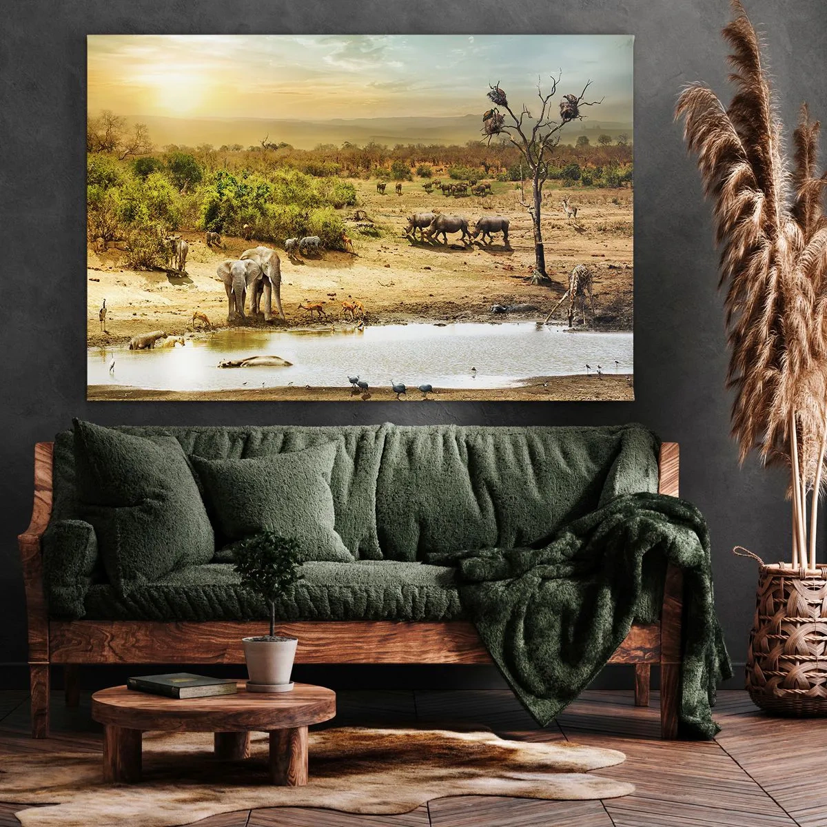 Canvastavla - Bild på duk - Elefanter och vilda djur vid ett vattenhål i solnedgången - 70x50cm - "Det mynnade en flod från Eden…" - Modern väggdekoration för vardagsrum och sovrum ARTTOR