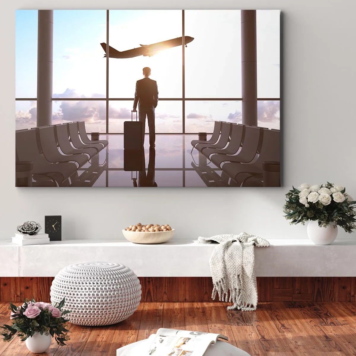 Canvastavla - Bild på duk - Affärsman på flygplatsen med ett flygplan i bakgrunden - 70x50cm - Du har tid, sakta ner - Modern väggdekoration för vardagsrum och sovrum ARTTOR