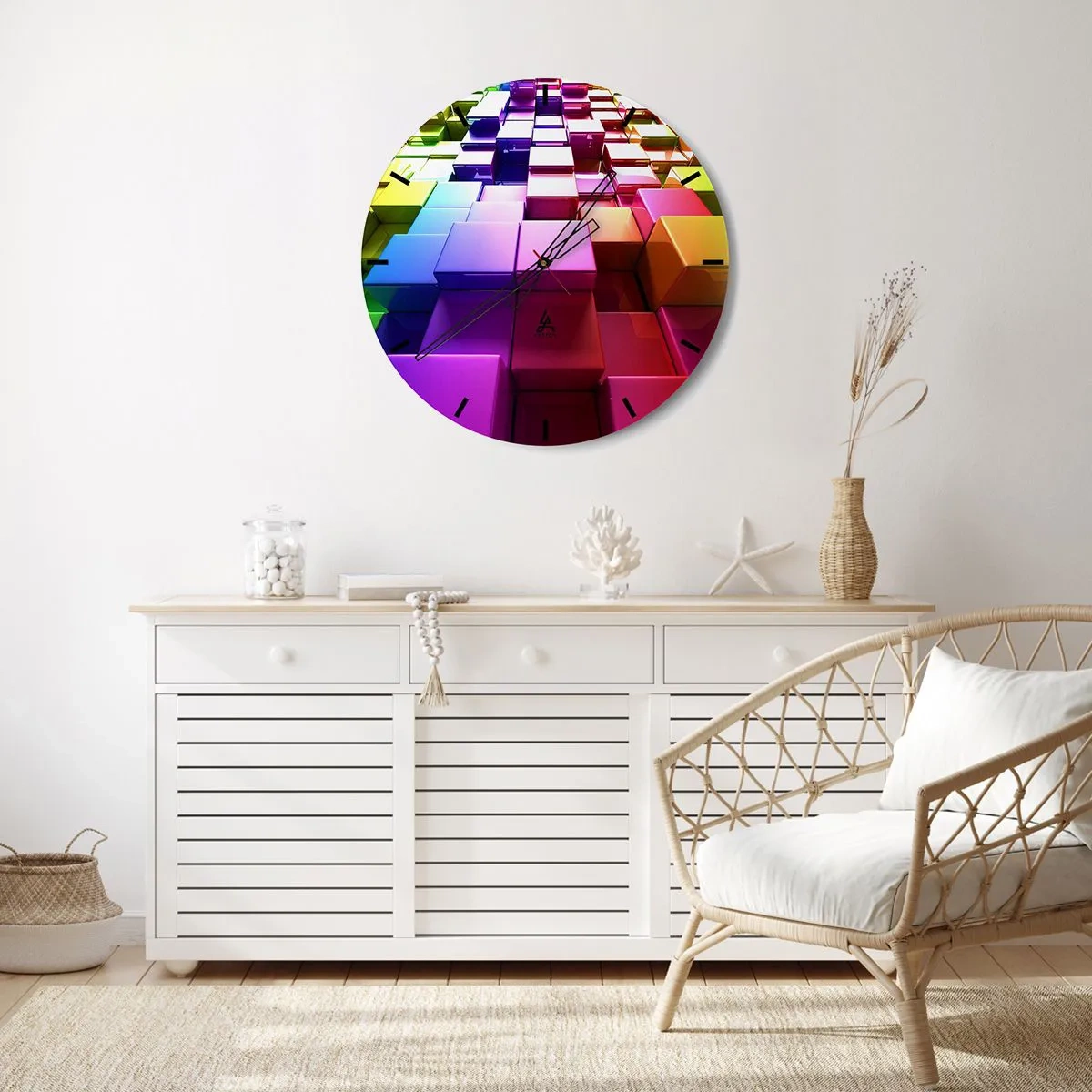 Väggklocka - Klocka på glas - Färgglada kuber i en geometrisk komposition - 30x30cm - Opkonst-variationer - Modern väggdekoration för vardagsrum, kök och sovrum ARTTOR