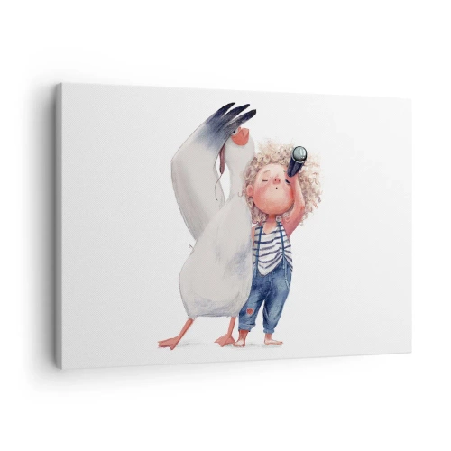 Canvastavla - Bild på duk - Illustration av ett barn med en pelikan och ett teleskop i handen - 70x50cm - Stora resans plan - Modern väggdekoration för vardagsrum och sovrum ARTTOR