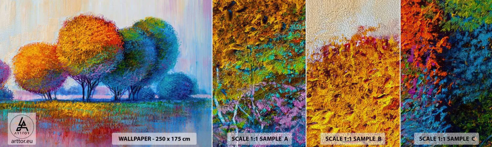 Provbit av fototapet Premium Sand - Glad färgbukett - Abstraktion, Landskap, Träd - 100x30 cm