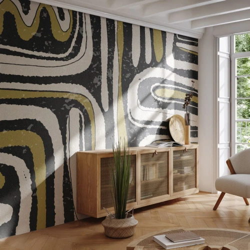 Fototapet Standard Eco - En svart och guldfärgad abstraktion som påminner om stadens gator - 100x70cm - Komposition: stråk och gränder - Modern väggdekoration för vardagsrum och sovrum ARTTOR