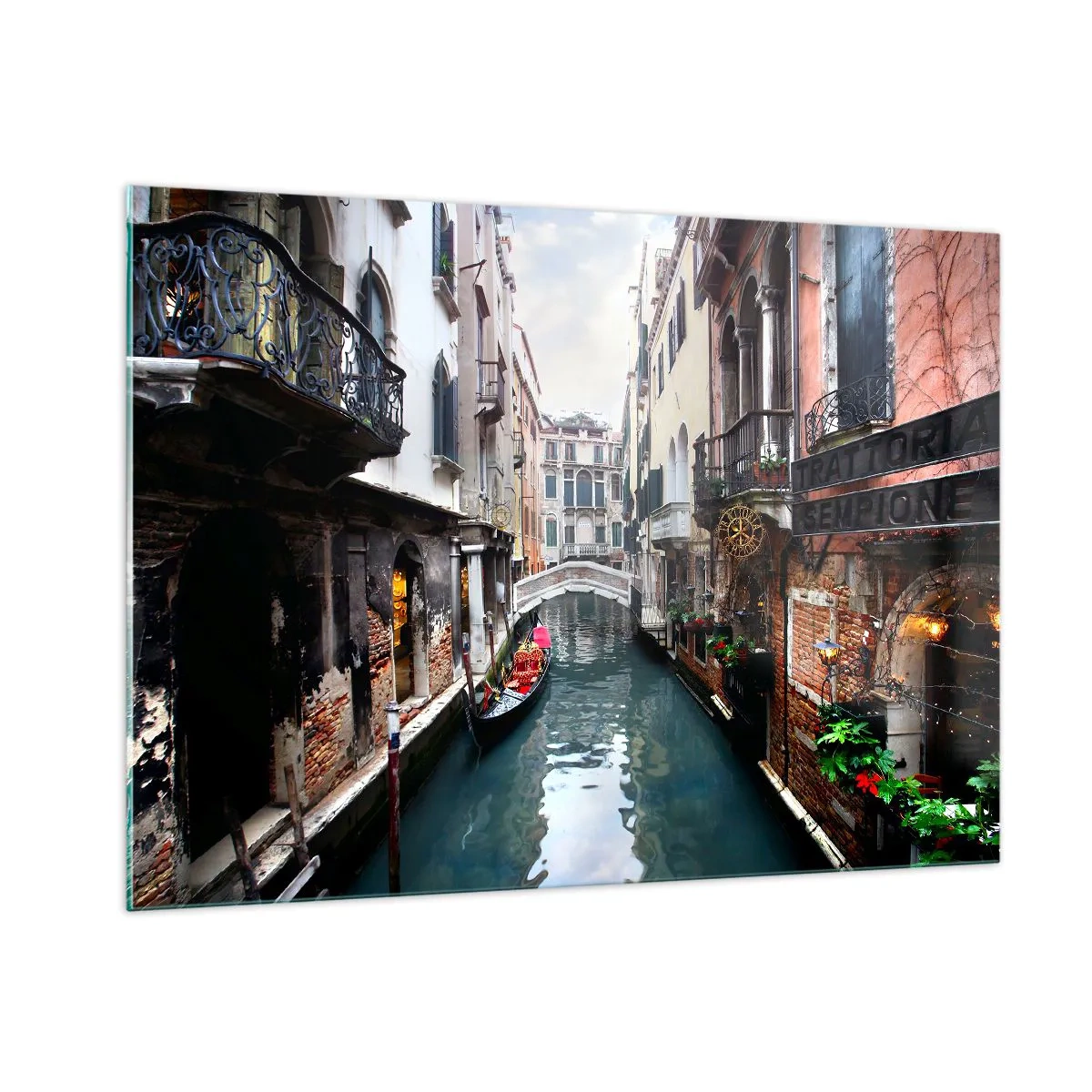 Glastavla - Bild på glas - Venedig-landskap med gondol och bro - 100x70 cm