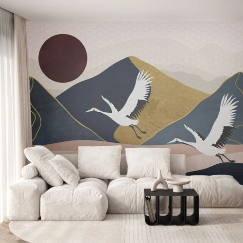 Fototapet Premium Canvas - Nästa dag FLUGIT iväg - Abstraktion, Kranar, Berg - 350x256 cm