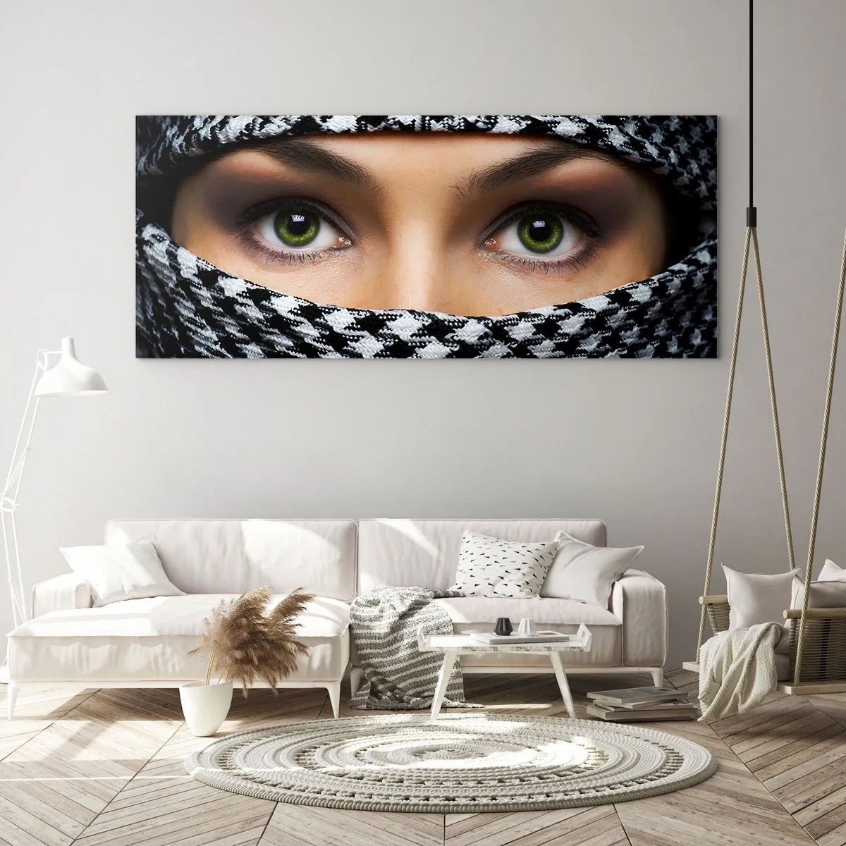 Glastavla - Bild på glas - Beslöjad grönögd skönhet - 120x50 cm