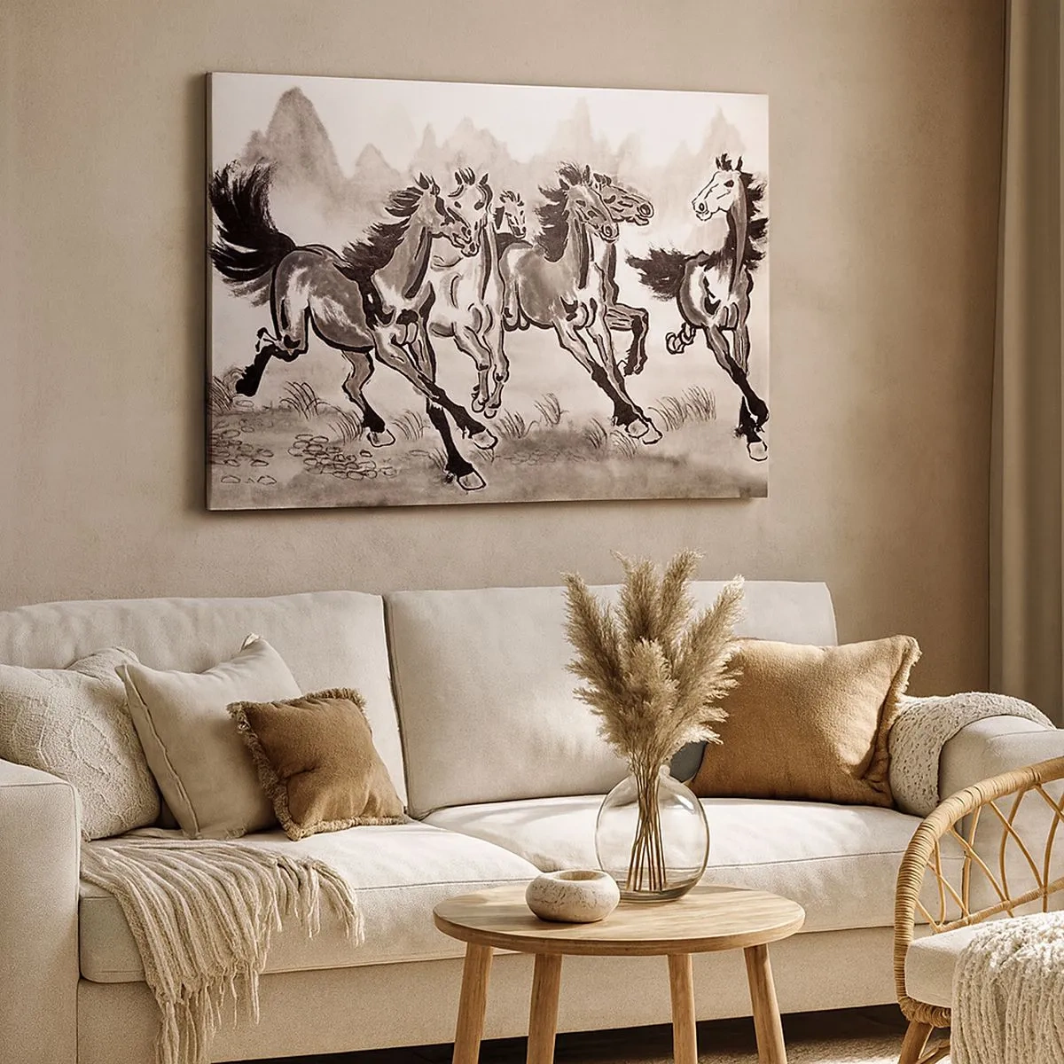 Canvastavla - Bild på duk - Dynamisk grafik av galopperande hästar i orientalisk stil - 70x50cm - Glad galopp - Modern väggdekoration för vardagsrum och sovrum ARTTOR