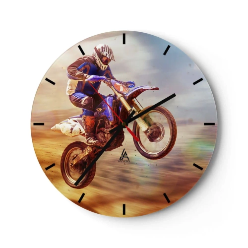 Väggklocka - Klocka på glas - En förare på en motocrosscykel i ett dynamiskt skott - 30x30cm - Motorcykelyrsel - Modern väggdekoration för vardagsrum, kök och sovrum ARTTOR