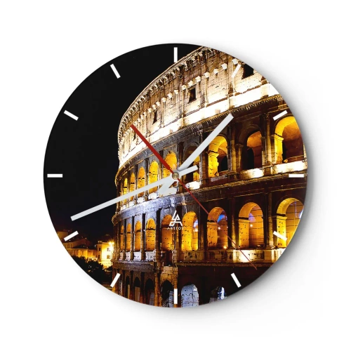 Väggklocka - Klocka på glas - Colosseum upplyst på natten mot en svart bakgrund - 30x30cm - Låt tävlingen börja - Modern väggdekoration för vardagsrum, kök och sovrum ARTTOR