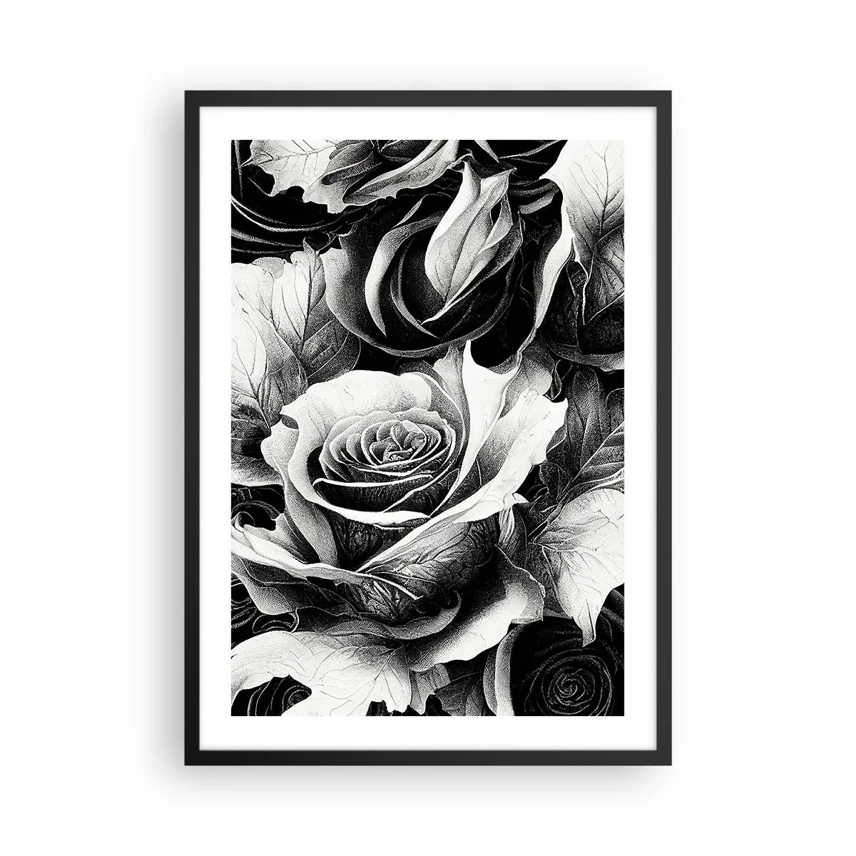 Affisch i svart ram - En svartvit komposition av rosor med uttrycksfullt chiaroscuro - 50x70cm - Alltid drottningen - Modern väggdekoration för vardagsrum och sovrum ARTTOR