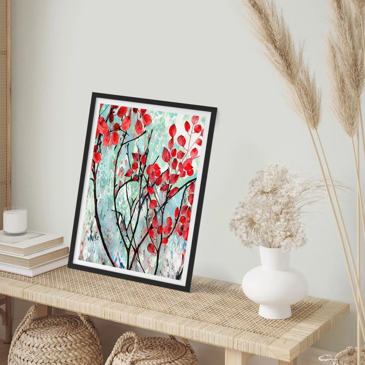 Affisch i svart ram - Röda blad på en abstrakt texturbakgrund - 50x70cm - Träd i scharlakansröd - Modern väggdekoration för vardagsrum och sovrum ARTTOR
