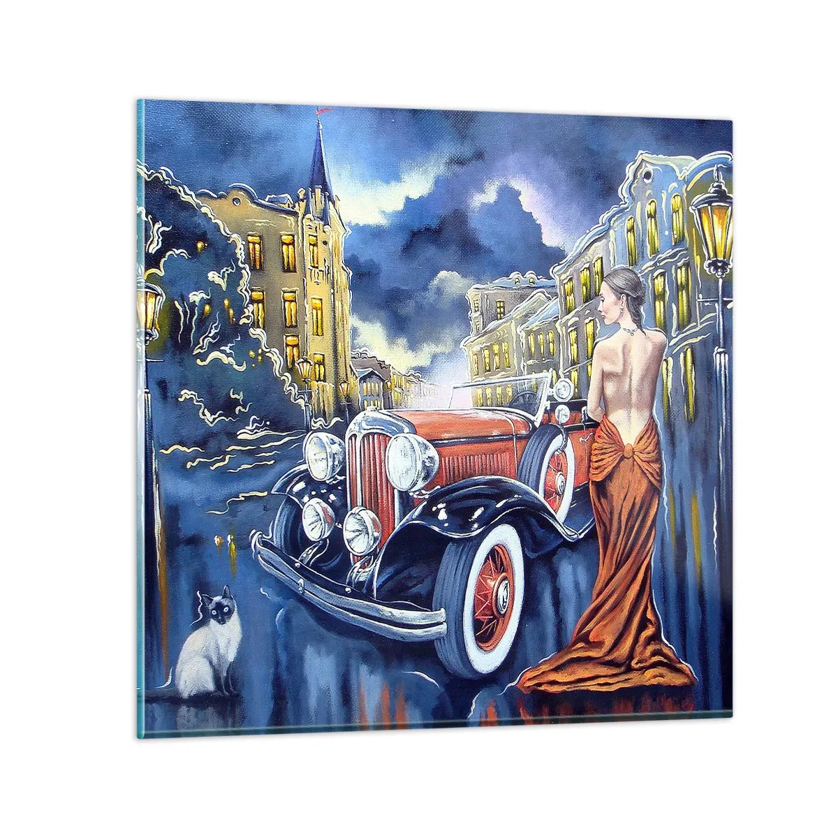 Glastavla - Bild på glas - Nocturne i blått och korall - 60x60 cm