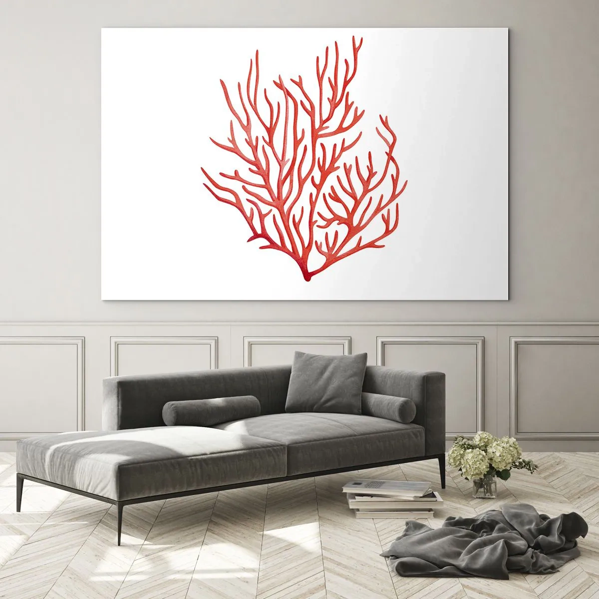 Glastavla - Bild på glas - Röd korall med filigranstruktur på vit bakgrund - 70x50cm - Filigran av korall - Modern väggdekoration för vardagsrum och sovrum ARTTOR