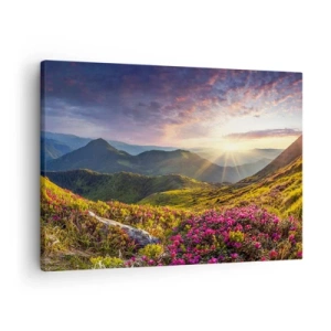 Canvastavla - Bild på duk - Berglandskap med blommande rhododendron - 70x50cm - Fjällmorgonens fräschhet - Modern väggdekoration för vardagsrum och sovrum ARTTOR