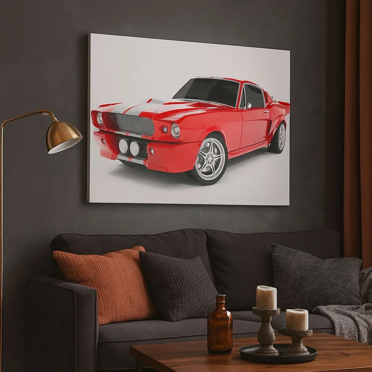 Canvastavla - Bild på duk - Röd sportbil med vita ränder - 70x50cm - Mustang snabb som vinden - Modern väggdekoration för vardagsrum och sovrum ARTTOR