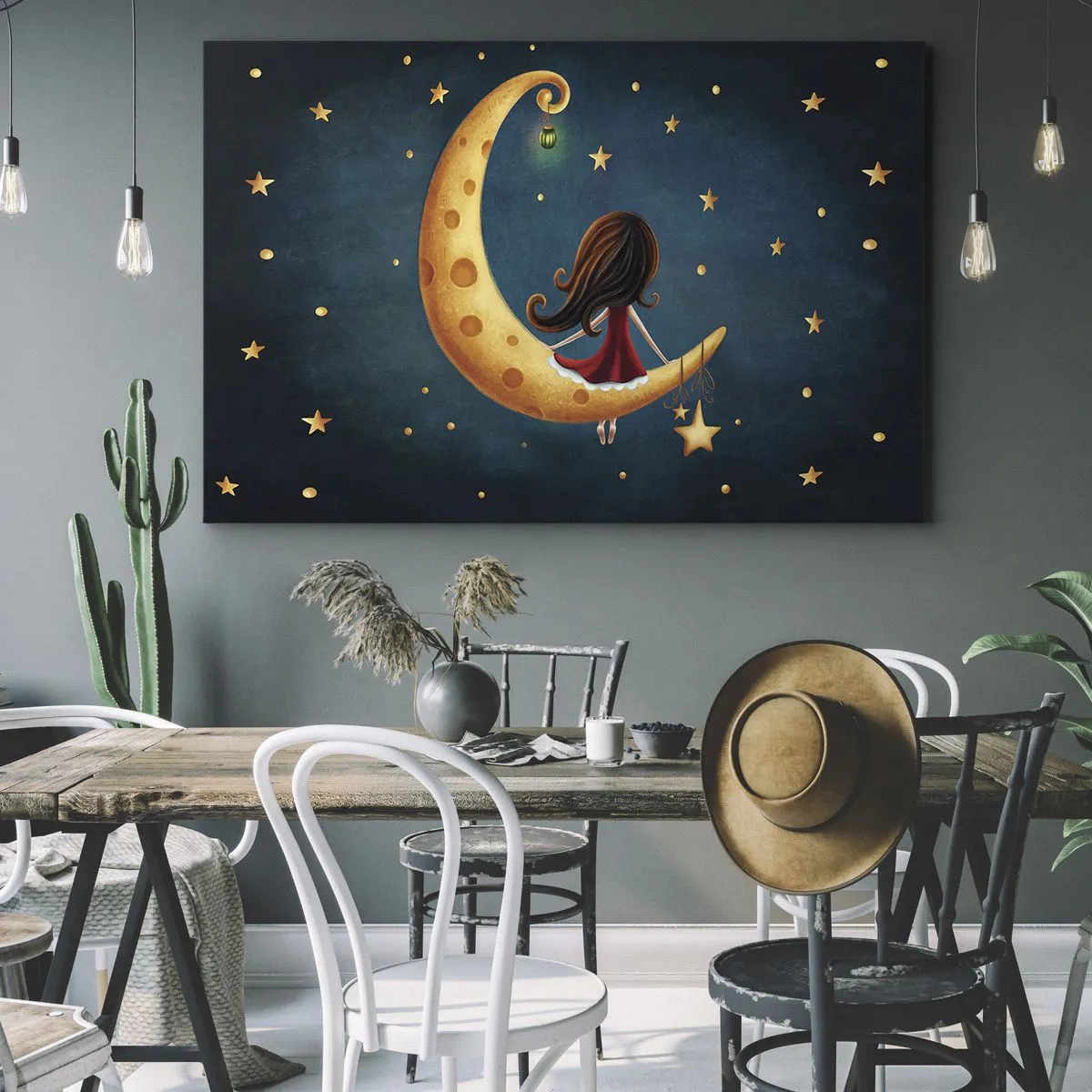 Canvastavla - Bild på duk - En flicka på månen omgiven av stjärnor - 70x50cm - En gång i tiden... - Modern väggdekoration för vardagsrum och sovrum ARTTOR