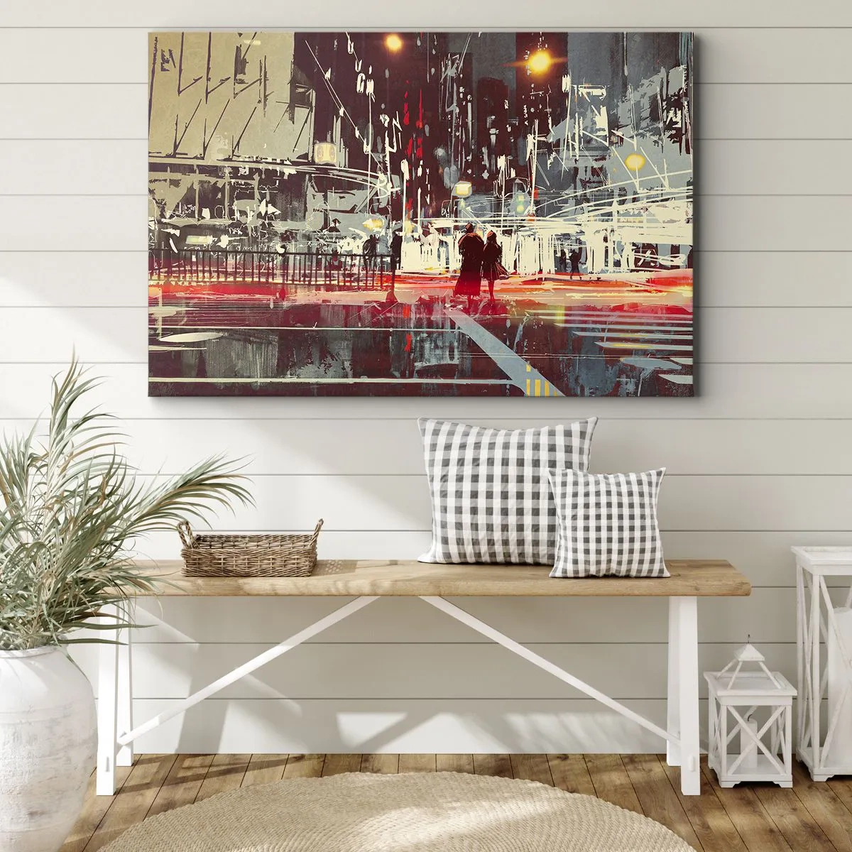 Canvastavla - Bild på duk - Stad på natten med neonljus och silhuetter av människor på gatan - 70x50cm - Storstads passage - Modern väggdekoration för vardagsrum och sovrum ARTTOR