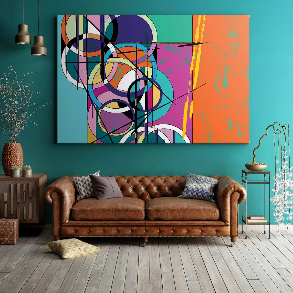 Canvastavla - Bild på duk - Färgglad abstraktion med geometriska cirklar - 70x50cm - Hjul efter hjul - Modern väggdekoration för vardagsrum och sovrum ARTTOR