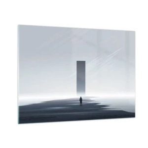 Glastavla - Bild på glas - Ett minimalistiskt landskap med en figur och en monolit i fjärran. - 70x50cm - Möjlighet eller hot? - Modern väggdekoration för vardagsrum och sovrum ARTTOR
