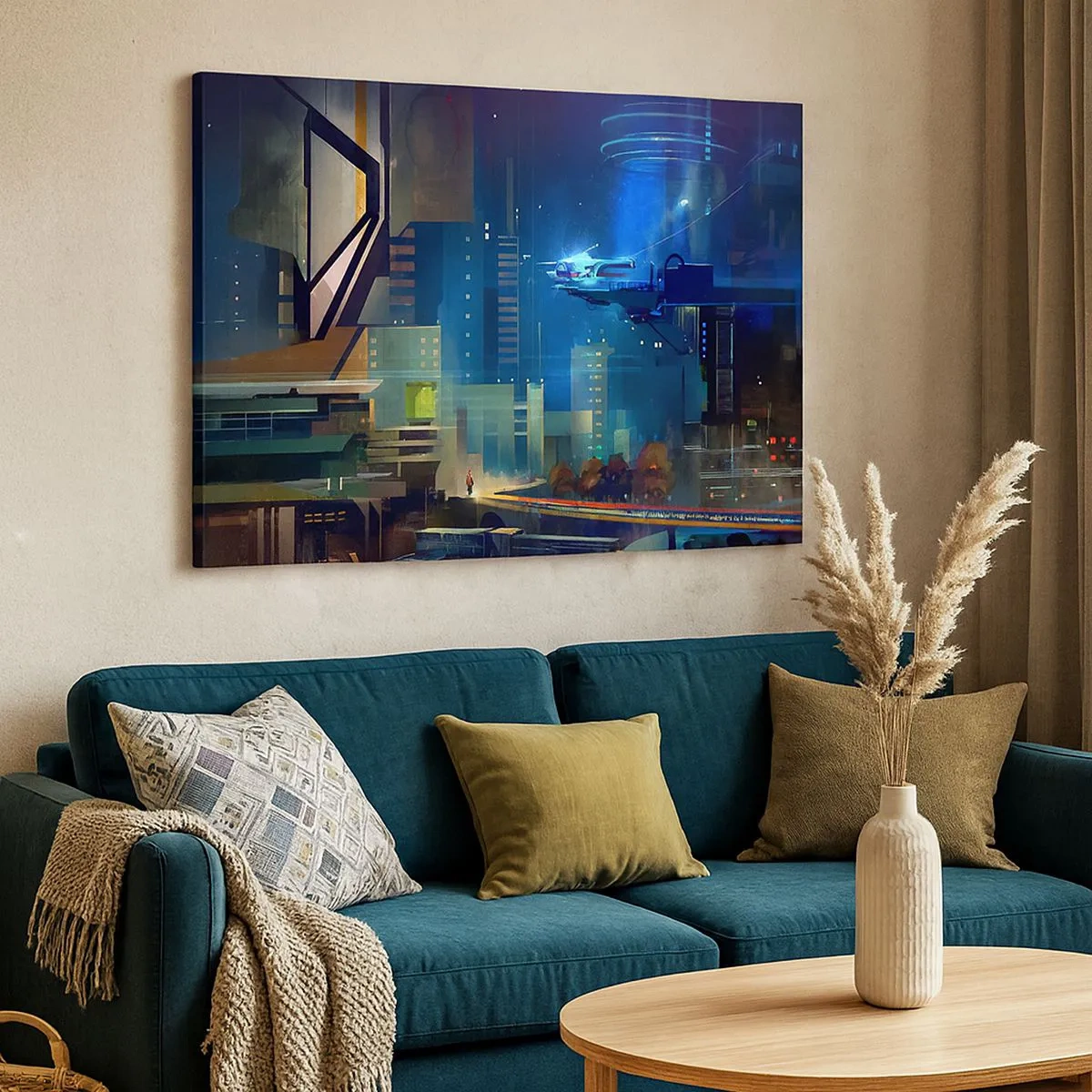 Canvastavla - Bild på duk - Futuristisk stad på natten med neonljus och ett flygande fordon - 70x50cm - Inom snar framtid - Modern väggdekoration för vardagsrum och sovrum ARTTOR