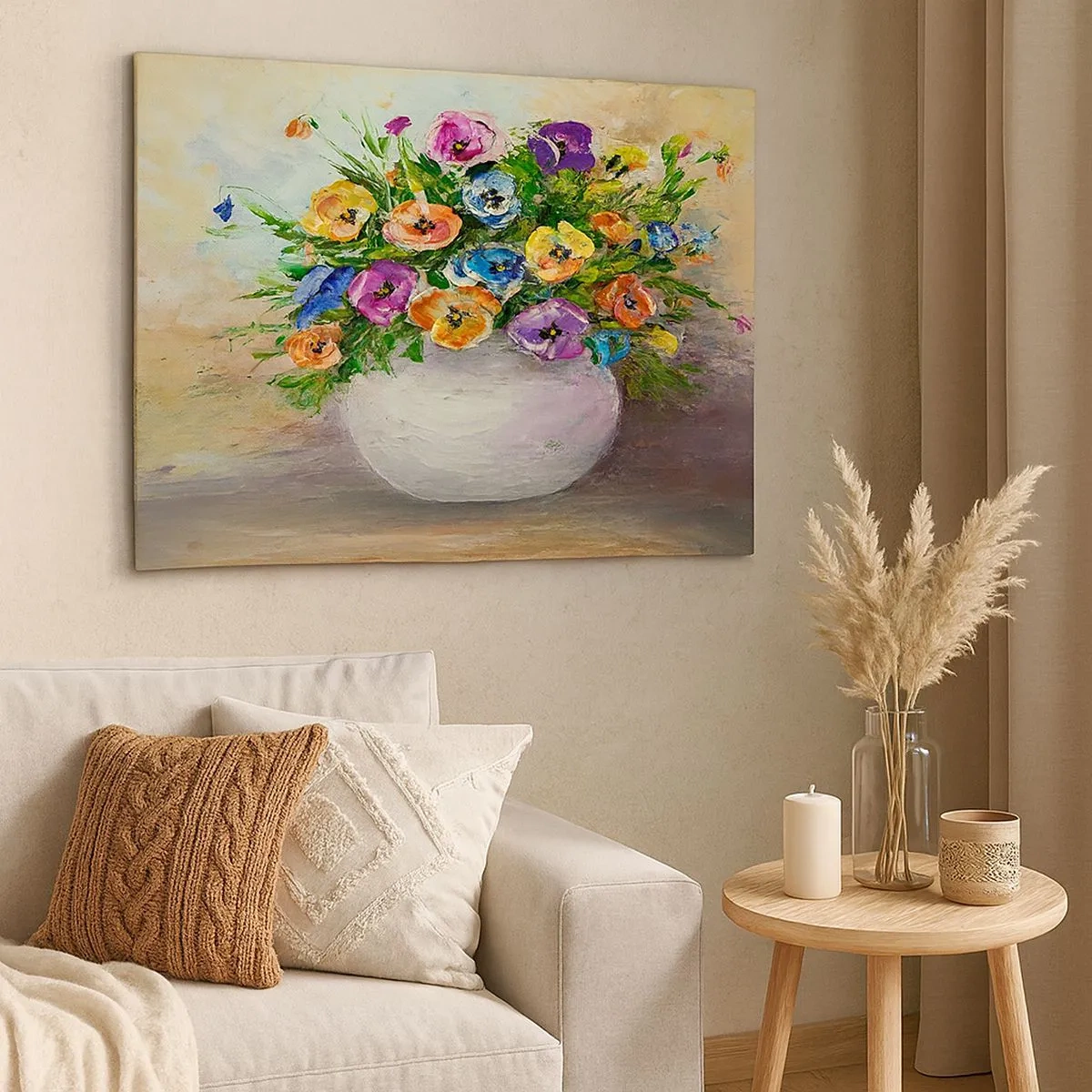 Canvastavla - Bild på duk - En färgglad blombukett i en vit vas - 70x50cm - Stilleben med vit vas - Modern väggdekoration för vardagsrum och sovrum ARTTOR
