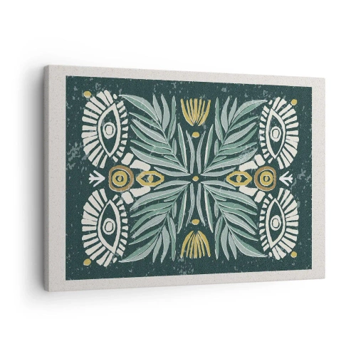 Canvastavla - Bild på duk - Symmetriskt växtmönster på en grön bakgrund - 70x50cm - Som ett folkligt mönster - Modern väggdekoration för vardagsrum och sovrum ARTTOR