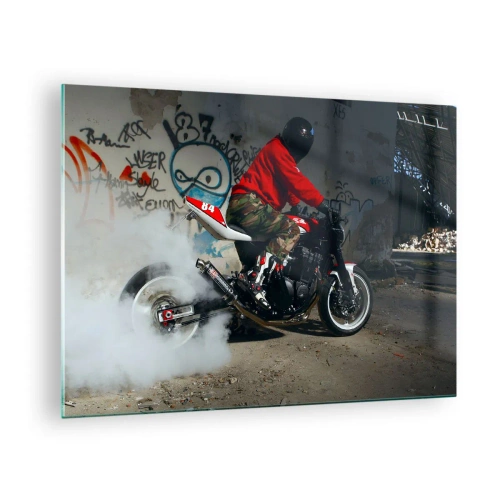 Glastavla - Bild på glas - Motorcyklist i aktion i en industriell miljö - 70x50cm - Jaga mig! - Modern väggdekoration för vardagsrum och sovrum ARTTOR