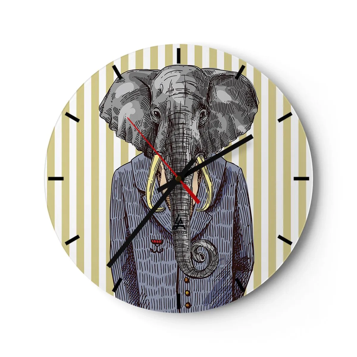 Väggklocka - Klocka på glas - En elegant teckning av en elefant i kostym mot en bakgrund av vertikala ränder. - 30x30cm - Elegant ur naturen - Modern väggdekoration för vardagsrum, kök och sovrum ARTTOR