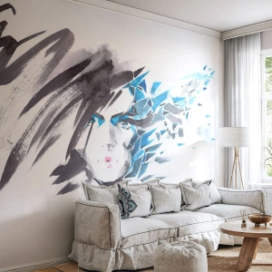 Fototapet Premium Sand - Sensuell porträtt i grått och blått - Kvinna, Kvinnans ansikte, Abstraktion - 350x256 cm