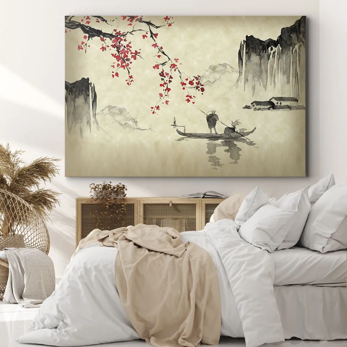 Canvastavla - Bild på duk - Orientalisk illustration med en båt och en blommande gren - 70x50cm - I det blommande körsbärslandet - Modern väggdekoration för vardagsrum och sovrum ARTTOR