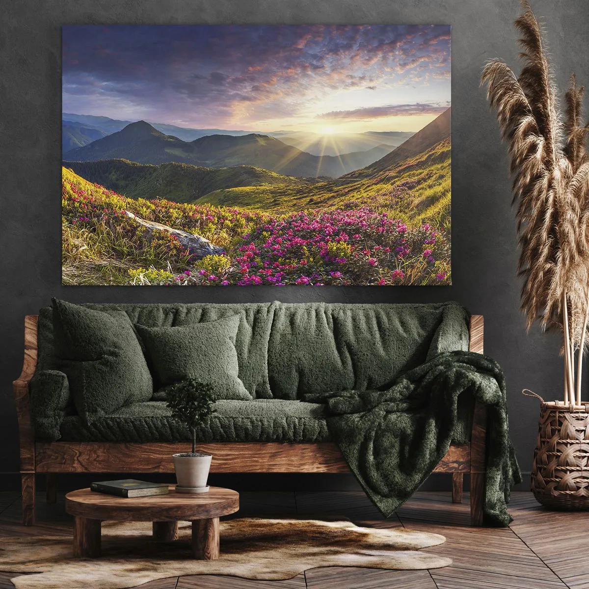 Canvastavla - Bild på duk - Berglandskap med blommande rhododendron - 70x50cm - Fjällmorgonens fräschhet - Modern väggdekoration för vardagsrum och sovrum ARTTOR