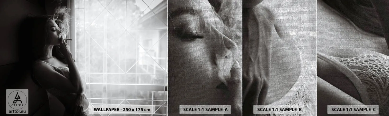 Provbit av fototapet Premium Canvas - Ett sensuellt ögonblick - Kvinna, Cigarett, Sovrum - 100x30 cm