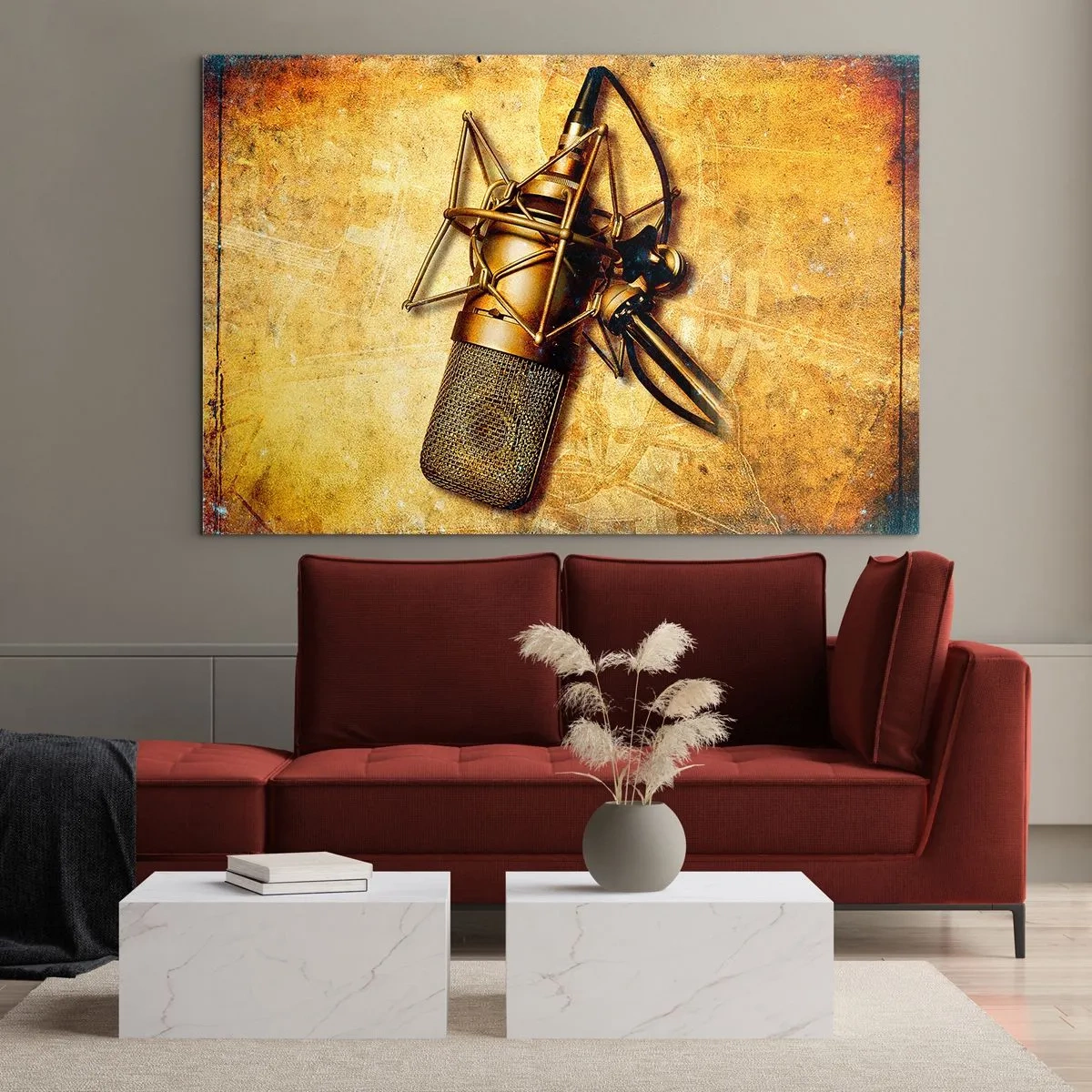 Glastavla - Bild på glas - En guldmikrofon på en vintagebakgrund - 70x50cm - Radions gyllene tider - Modern väggdekoration för vardagsrum och sovrum ARTTOR
