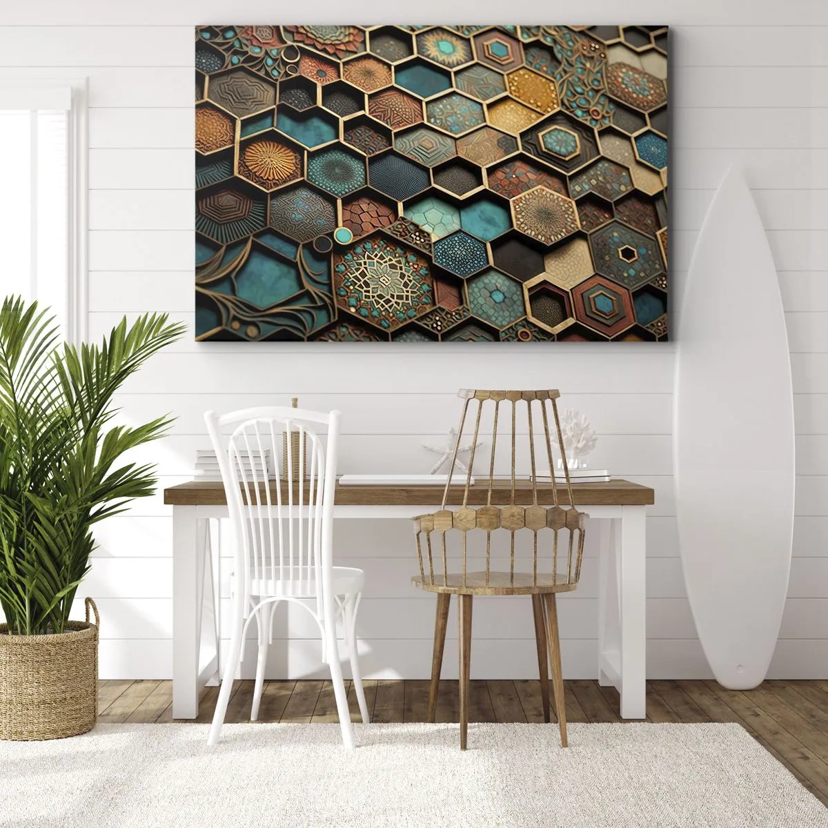 Canvastavla - Bild på duk - Färgglada ornament i hexagonala mönster - 70x50cm - Arabiska ornament - en variation - Modern väggdekoration för vardagsrum och sovrum ARTTOR
