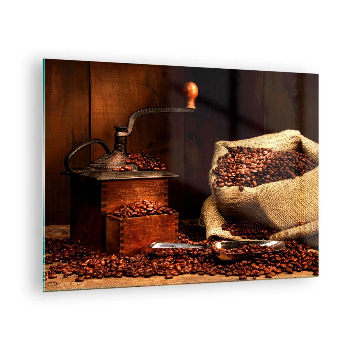 Glastavla - Bild på glas - En gammal kaffekvarn med bönor och en påse kaffe - 70x50cm - Stilleben med kaffebönor och kvarn - Modern väggdekoration för vardagsrum och sovrum ARTTOR
