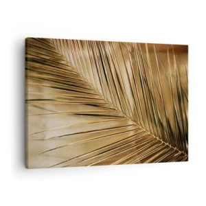 Canvastavla - Bild på duk - Gyllene palmblad på en solid bakgrund - 70x50cm - Naturlig pelargång - Modern väggdekoration för vardagsrum och sovrum ARTTOR
