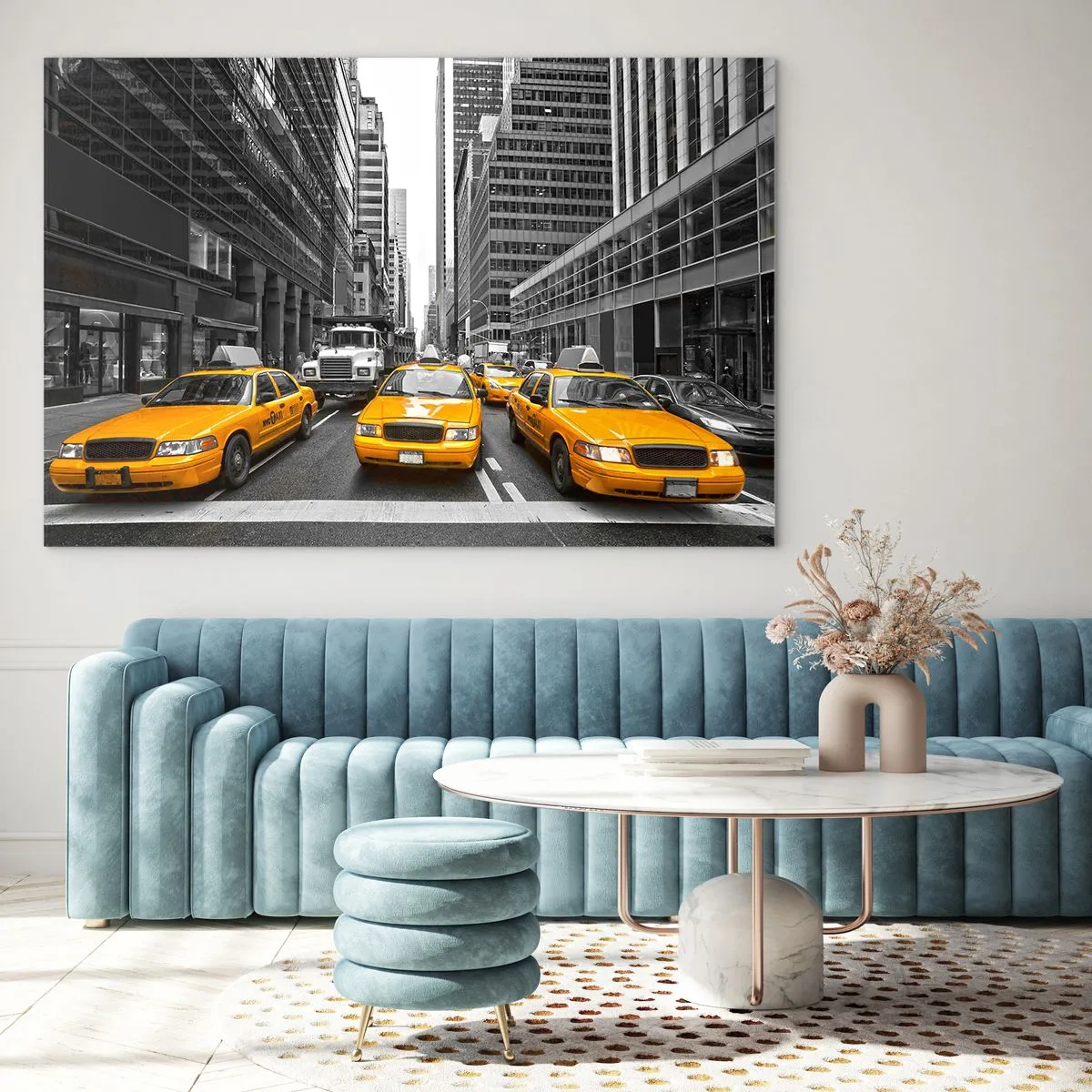 Glastavla - Bild på glas - Gula taxibilar på New Yorks gator - 70x50cm - Vi färgar denna stad - Modern väggdekoration för vardagsrum och sovrum ARTTOR