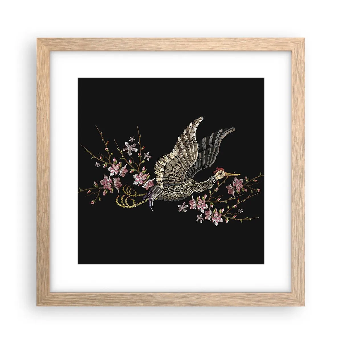 Affisch i ram av ljusek - Exotisk, broderad fågel - 30x30 cm