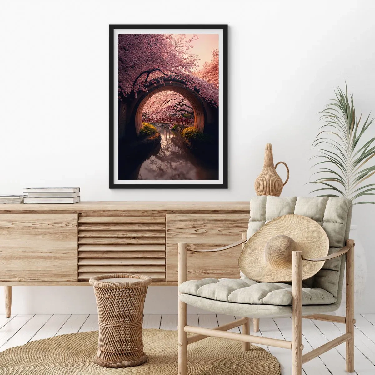 Affisch i svart ram - En romantisk bro bland körsbärsblommor - 50x70cm - Japansk vår - Modern väggdekoration för vardagsrum och sovrum ARTTOR