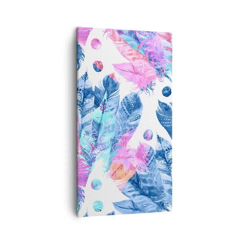 Canvastavla - Bild på duk - Fjädrar i vitt och blått - 45x80 cm