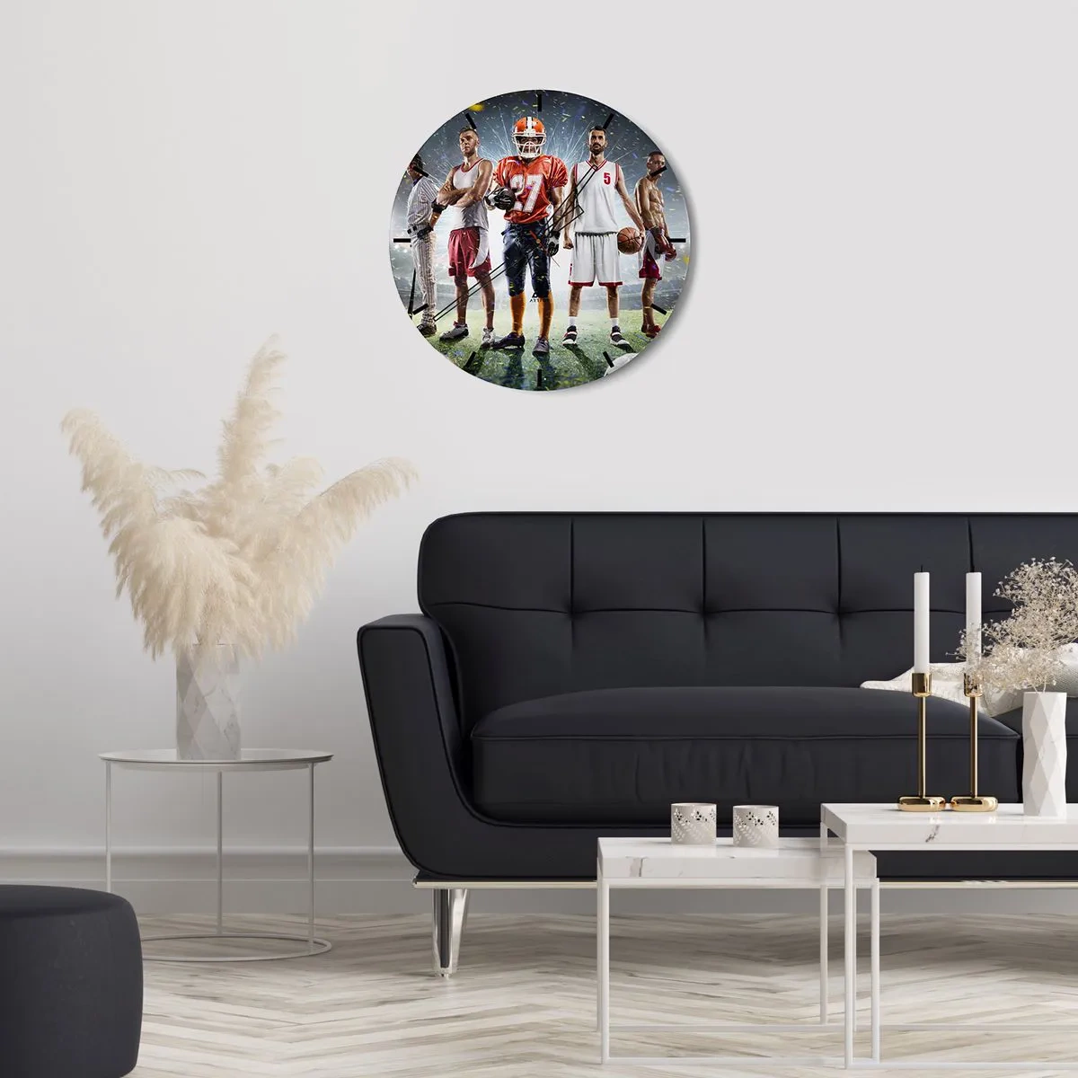 Väggklocka - Klocka på glas - En grupp idrottare mot bakgrund av en stadion upplyst av strålkastare - 30x30cm - Arenornas gladiatorer - Modern väggdekoration för vardagsrum, kök och sovrum ARTTOR