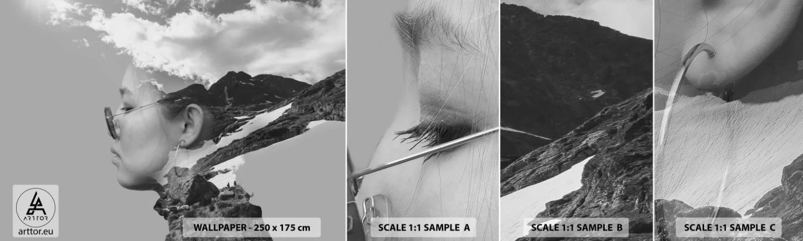 Provbit av självhäftande fototapet Deluxe Sticker - Huvud- och molnig porträtt - Abstraktion, Kvinnans huvud, Fantasi - 100x30 cm