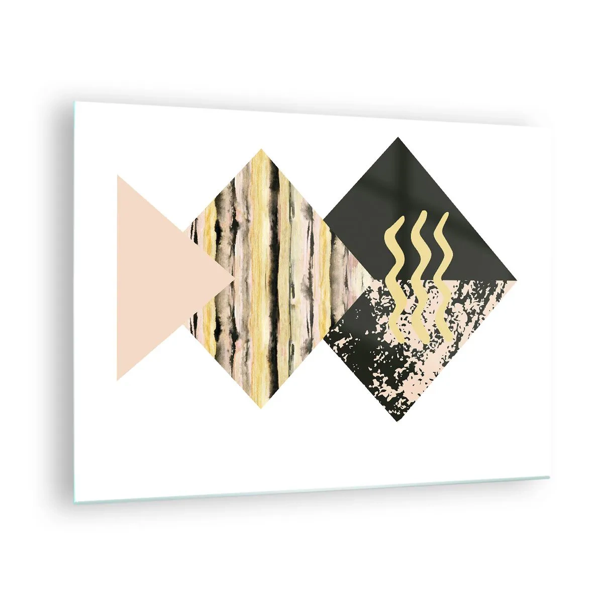 Glastavla - Bild på glas - Abstrakt geometrisk komposition med trianglar och texturer - 70x50cm - Inte så enkelt - Modern väggdekoration för vardagsrum och sovrum ARTTOR