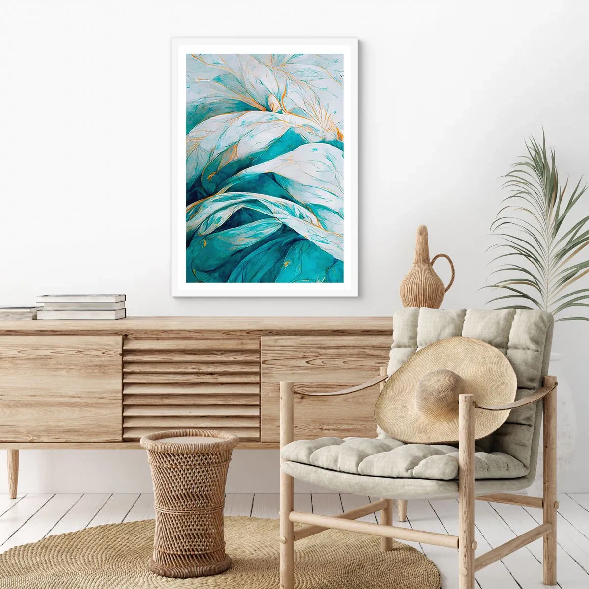 Affisch i vit ram - Blå abstraktion med guldmotiv - 70x100 cm