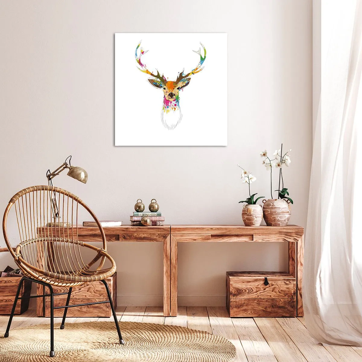 Canvastavla - Bild på duk - Hjort badar i färg - 70x70 cm