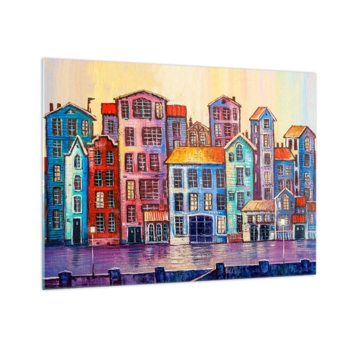 Glastavla - Bild på glas - Färgglada hyreshus speglas i vattnet - 70x50cm - En sagostad  - Modern väggdekoration för vardagsrum och sovrum ARTTOR