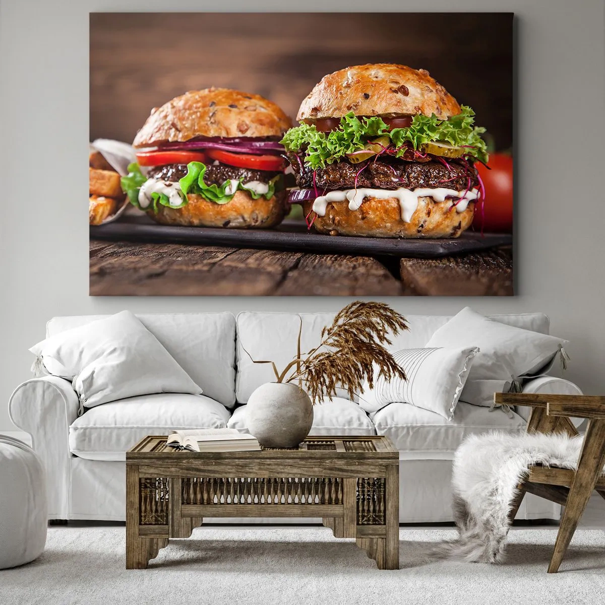 Canvastavla - Bild på duk - Aptitretande hamburgare med grönsaker och sås - 70x50cm - American dream - Modern väggdekoration för vardagsrum och sovrum ARTTOR
