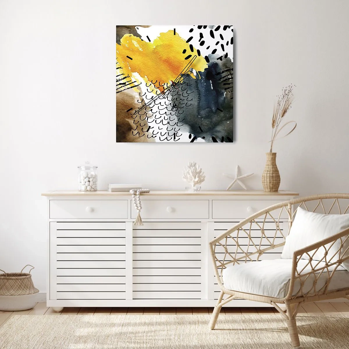 Väggklocka - Klocka på glas - Elementens möte - 30x30 cm