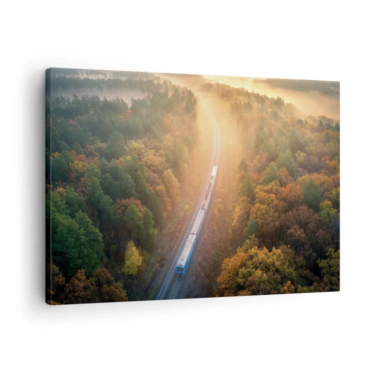 Canvastavla - Bild på duk - Ett tåg i en höstskog i gryningen - 70x50cm - Höstresa - Modern väggdekoration för vardagsrum och sovrum ARTTOR