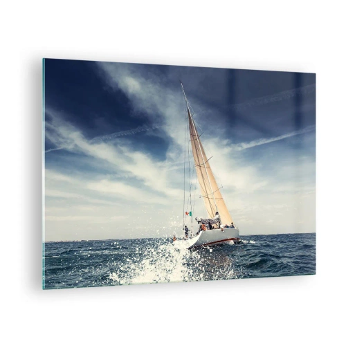 Glastavla - Bild på glas - En yacht som seglar på ett stormigt hav under en blå himmel - 70x50cm - De hinner inte ikapp oss! - Modern väggdekoration för vardagsrum och sovrum ARTTOR