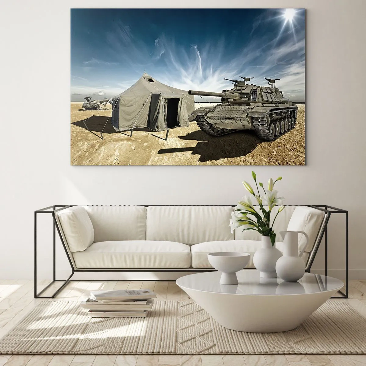 Glastavla - Bild på glas - En stridsvagn och ett tält i en ökenbakgrund under en blå himmel - 70x50cm - Militär dröm - Modern väggdekoration för vardagsrum och sovrum ARTTOR